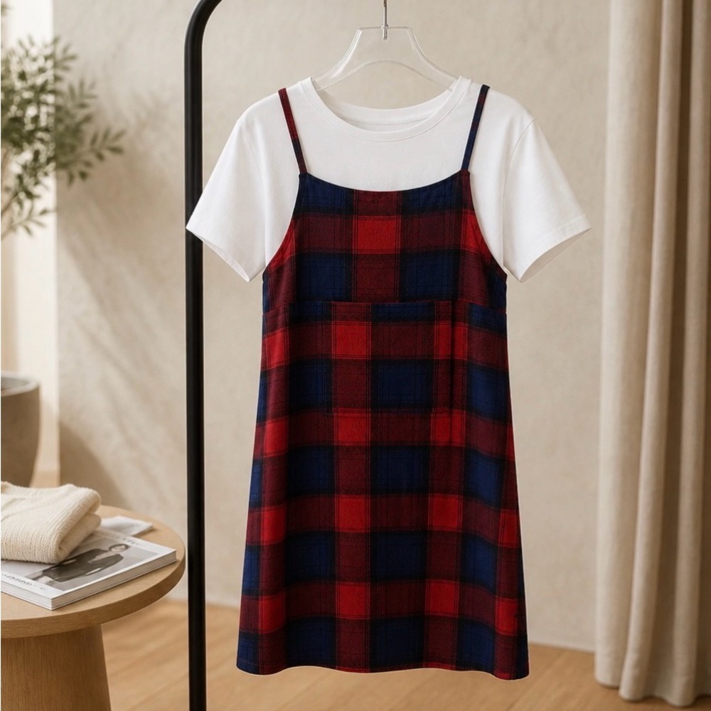 Justify Red & Navy Plaid Spaghetti-Strap Mini Dress